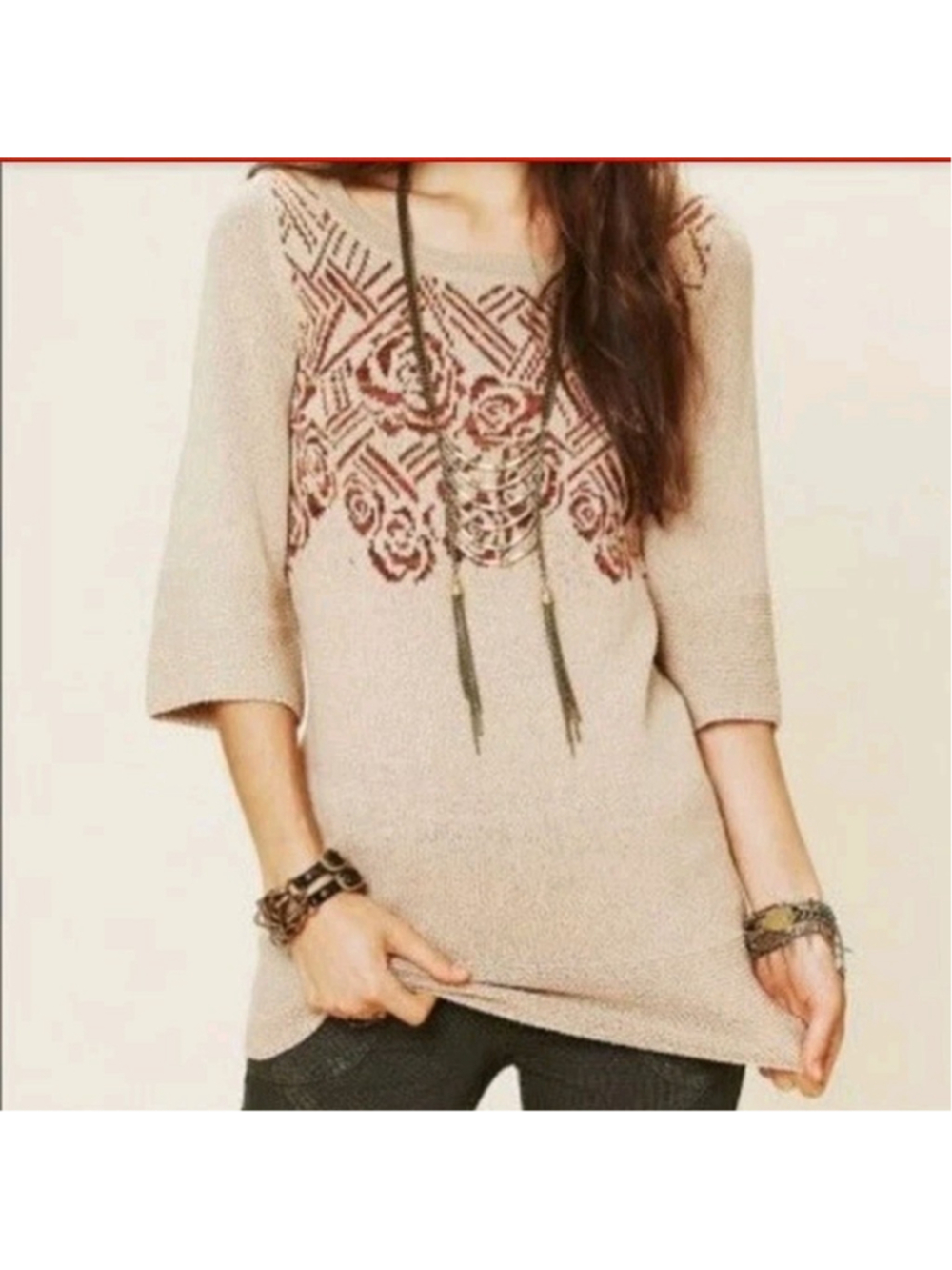 Free People Knit Sweater Tunic Dress Sz M Beige Floral Bell Sleeve Cottagecore